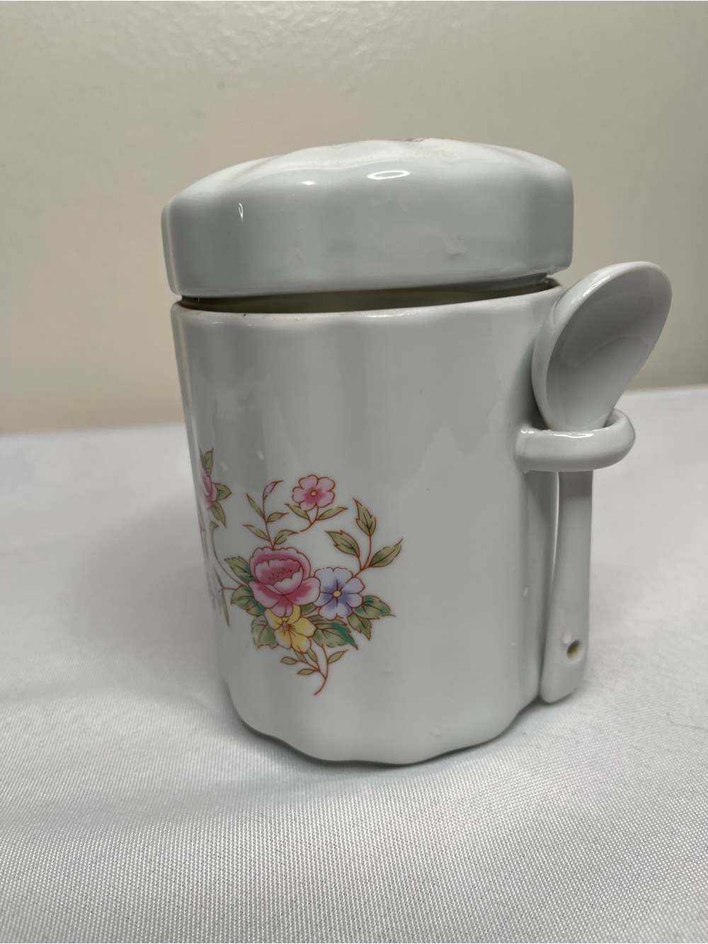 Vintage White Floral Ceramic Sugar Jar with Spoon